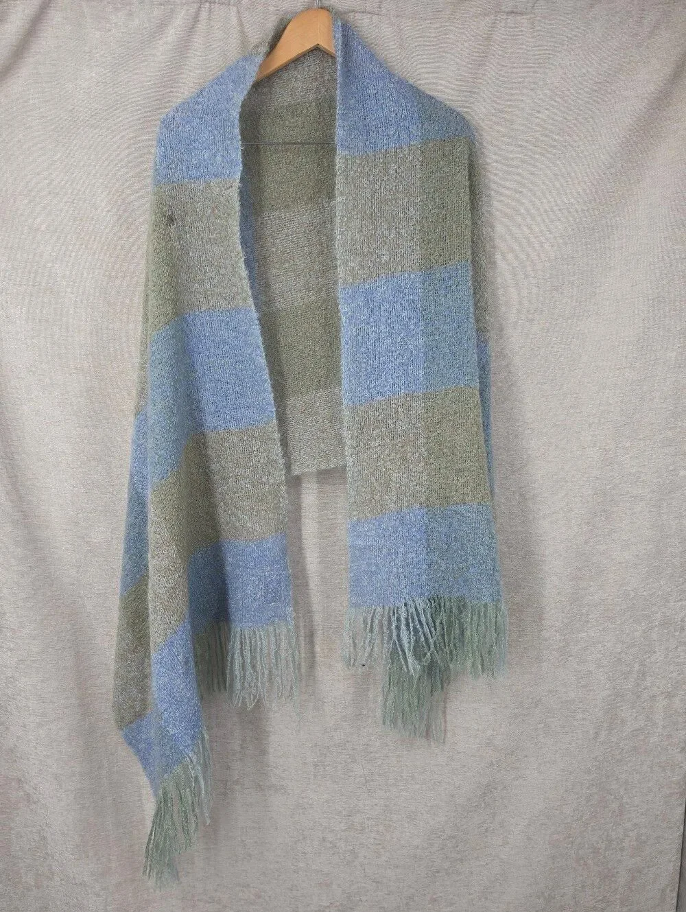 Andrew Stewart Vintage Mohair Striped Plaid Knit Fringe Scarf Wrap Throw